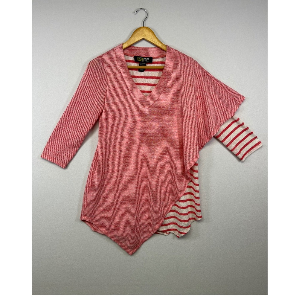 Lagenlook Pure Essence Womens Small Red Striped Asymmetrical V-Neck Tunic Top
